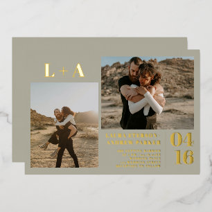 Gold green minimalist initials 2 photos wedding