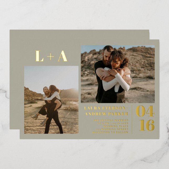 Gold green minimalist initials 2 photos wedding (Front/Back)