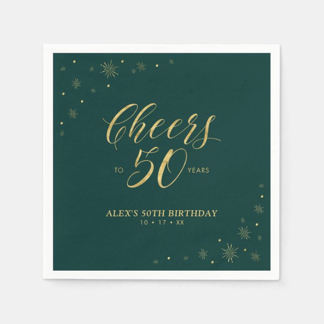 Gold & Green Modern Cheers 50th Birthday Party Napkin (Front)