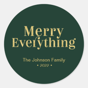 Gold & Green Modern Merry Everything Christmas Classic Round Sticker