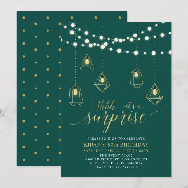 Gold & Green Modern Surprise 50th Birthday Party Invitation (Front/Back)