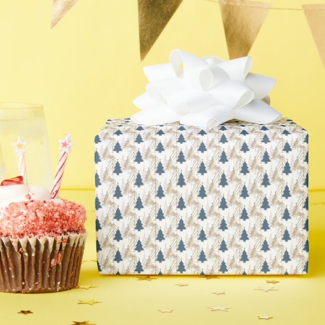 Gold Green on White Christmas Tree Pattern  Wrapping Paper (Birthday Party)