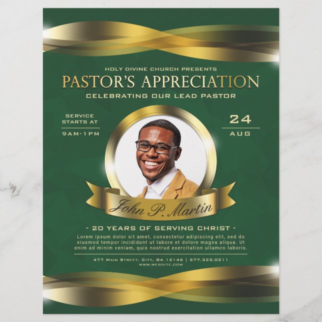 Gold & Green Pastor's Appreciation Church Service  Flyer (Front)