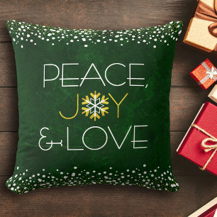 Gold Green Peace Joy Love Snowflake Holiday Modern Throw Pillow