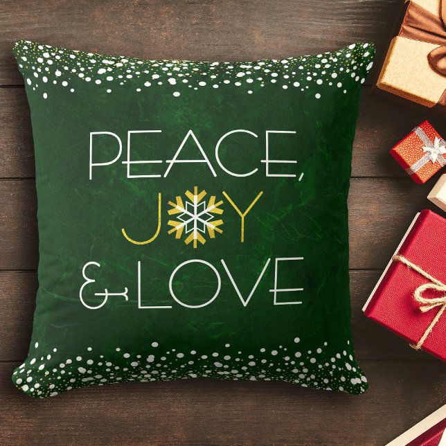 Gold Green Peace Joy Love Snowflake Holiday Modern Throw Pillow (Creator Uploaded)