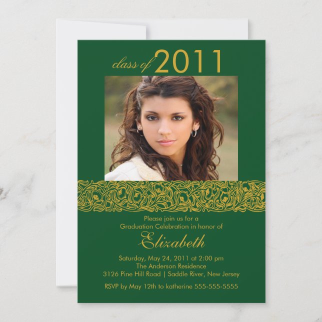 Gold & Green Photo Graduation Invitation (Front)