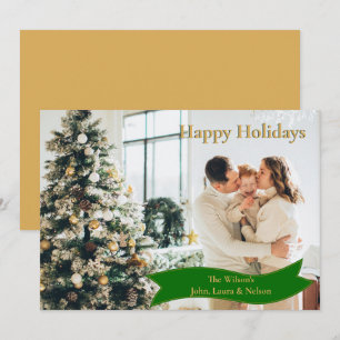 Gold Green Photo Holiday Card with Ribbon Banner