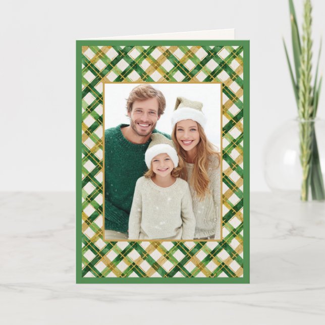 Gold Green Photo Plaid Christmas Card (Front)