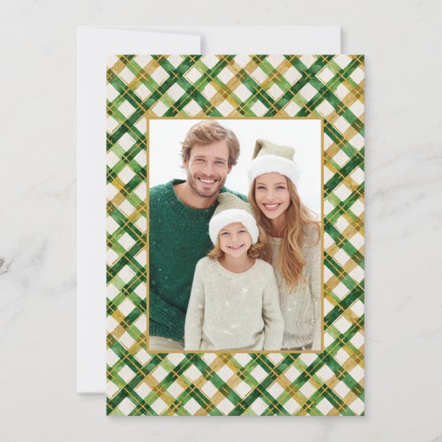 Gold Green Photo Plaid Christmas Card (Front)