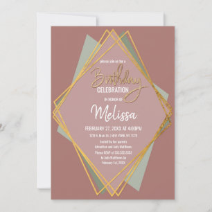 Gold Green Pink and Mauve Geometric Birthday Invitation