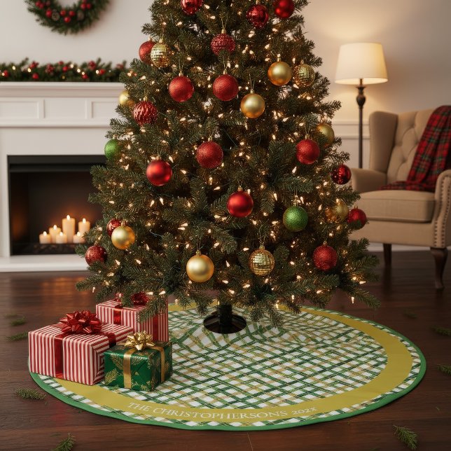 Gold Green Plaid Christmas Brushed Polyester Tree Skirt (Gold Green Plaid Monogram Christmas Tree Skirt)
