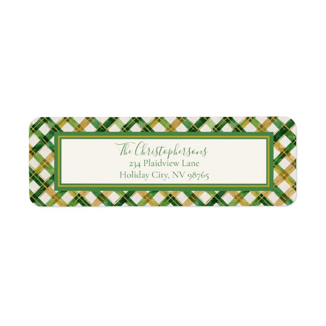 Gold Green Plaid Christmas Return Address Label (Front)