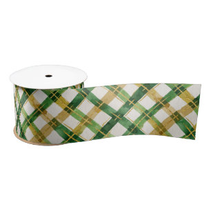  Gold Green Plaid Christmas  Satin Ribbon