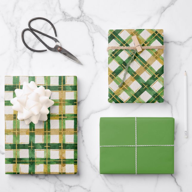  Gold Green Plaid Christmas  Wrapping Paper Sheet (Front)
