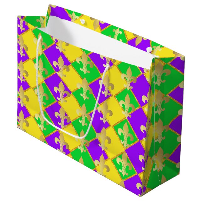 Gold Green Purple Mardi Gras Harlequin Pattern    Large Gift Bag (Front Angled)
