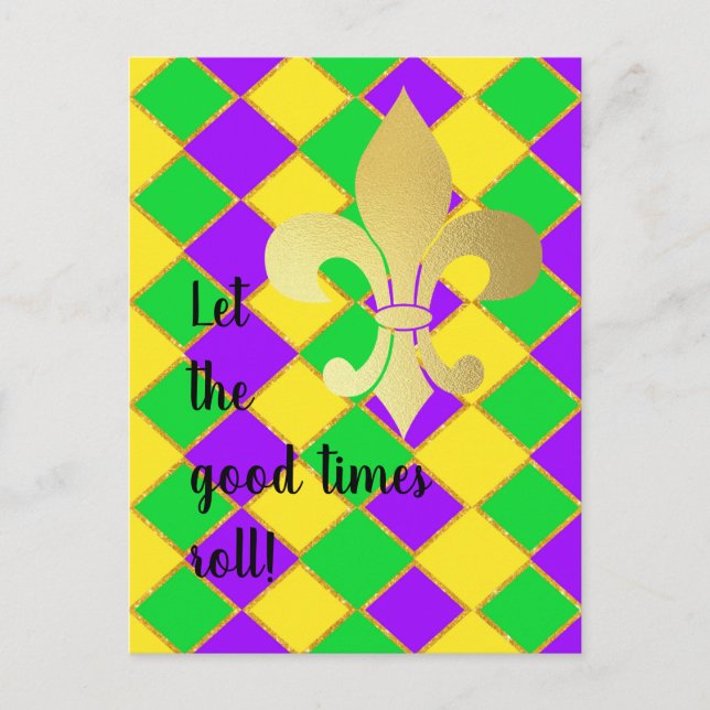 Gold Green Purple Mardi Gras Harlequin Pattern   Postcard (Front)