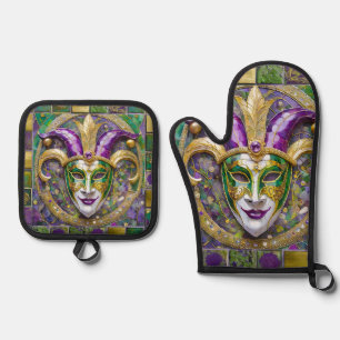 Gold Green Purple Mardi Gras Jester Mask Oven Mitt & Pot Holder Set