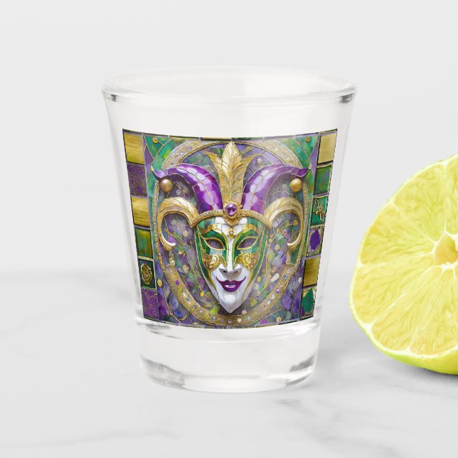 Gold Green Purple Mardi Gras Jester Mask Shot Glass (Front)
