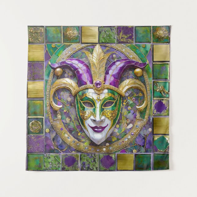 Gold Green Purple Mardi Gras Jester Mask Tapestry (Front)