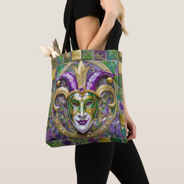 Gold Green Purple Mardi Gras Jester Mask Tote Bag (Close Up)