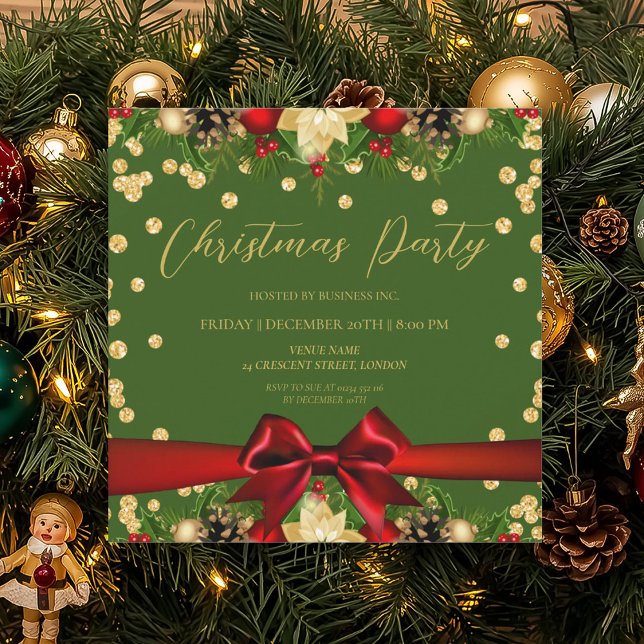 Gold Green Ribbon Glitter Christmas Corporate  Invitation (Gold Green Ribbon Glitter Christmas Corporate Invitation)