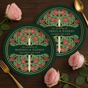 Gold Green Royal Medieval Floral Sword Wedding Paper Plate