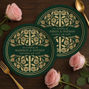 Gold Green Royal Medieval Sword Wedding Paper Plate