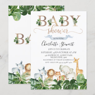 Gold Green Safari Animaux Baby shower Invitation