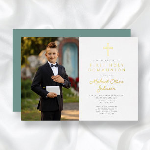 Gold Green Script Boy Photo First Communion