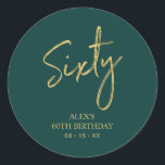 Gold & Green Sixty 60th Birthday Party Thank you Classic Round Sticker<br><div class="desc">This simple custom thank you sticker will add stylish detail to your special day. This design features modern gold script lettering " Sixty" with custom text on a green background. Matching 60th birthday invitations and party supplies are available in my shop BaraBomDesign.</div>
