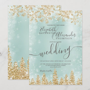 Gold  green snow pine Christmas winter wedding Invitation