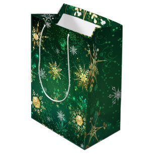 Gold Green Snowflakes Xmas Christmas Medium Gift Bag