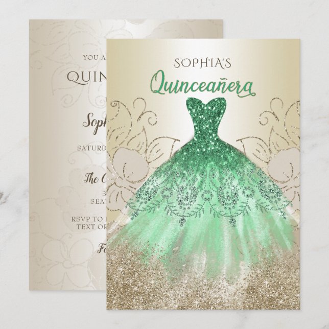 Gold Green Sparkle Dress Quinceañera Quince  Invitation (Front/Back)