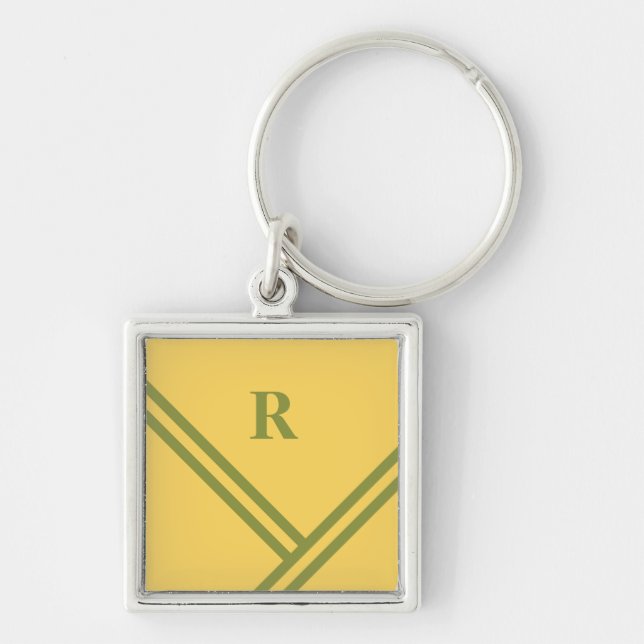 Gold Green Stripes Trending Colours Monogram Keychain (Front)