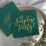 Gold & Green | Surprise 60th Birthday Party Invitation<br><div class="desc">Celebrate your special day with this stylish modern surprise birthday party invitation template. This design features chic gold textured calligraphy and confetti on an Emerald Green background. You can customize the text to any birthday or event. (21st,  30th,  40th,  50th,  60th,  70th,  80th,  90th,  100th)</div>