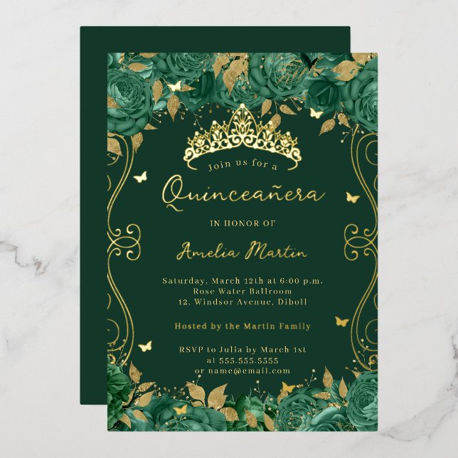 Gold Green Swirl Scroll Floral Quinceanera  (Front/Back)