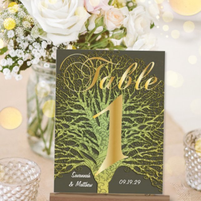 Gold Green Swirly Tree Table Number 1 Postcard (Creator Uploaded)