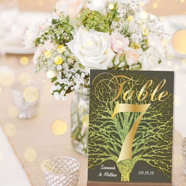 Gold Green Swirly Tree Table Number 7 Postcard (Creator Uploaded)
