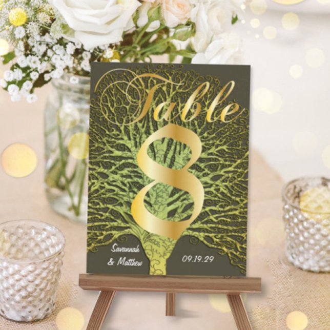 Gold Green Swirly Tree Table Number 8 Postcard (Creator Uploaded)