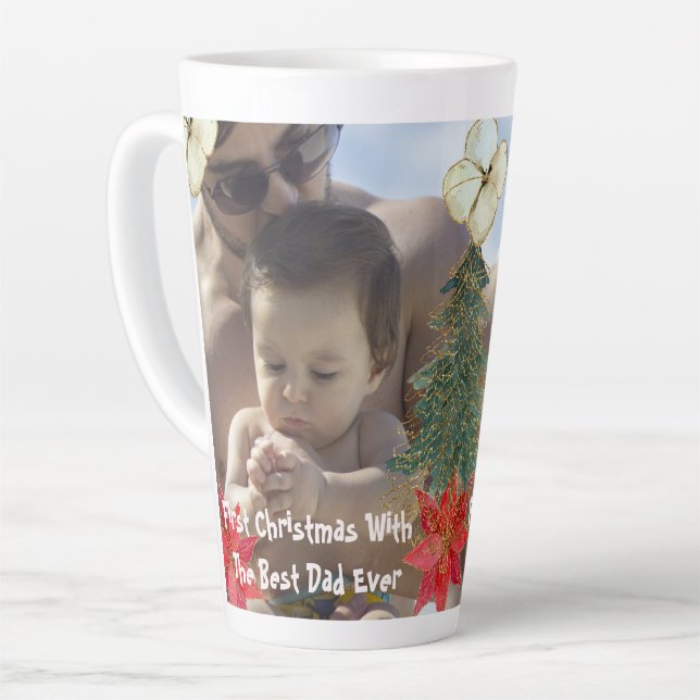 Gold Green Tree 1st Christmas Best Dad Ever Photo Latte Mug (Left Angle)