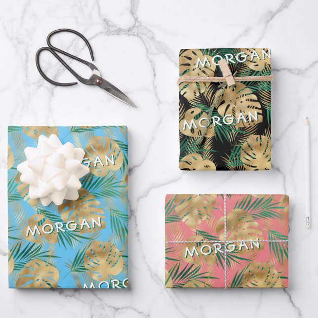 Gold/Green Tropical Leaves, Custom Name, 3 Colours Wrapping Paper Sheet (Front)