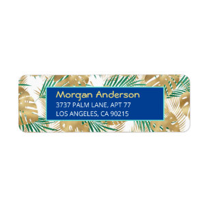 Gold & Green Tropical Leaves, Deep Blue Address