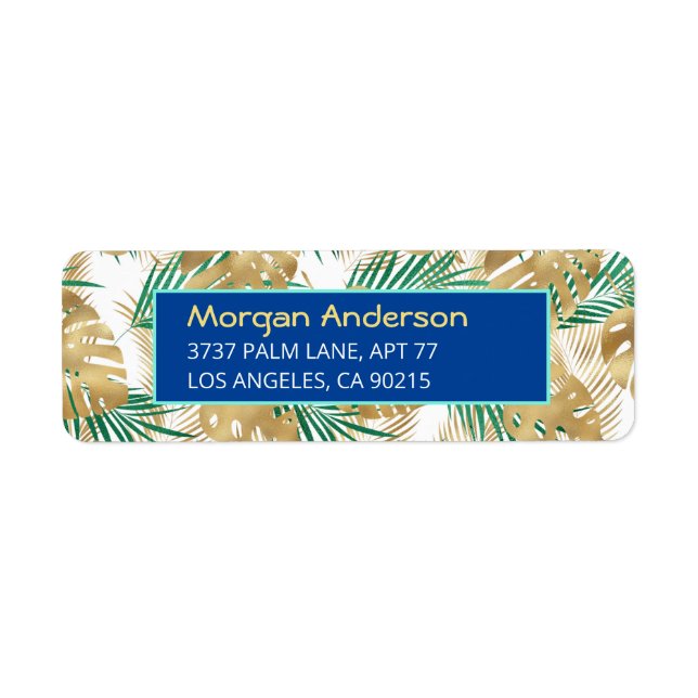 Gold & Green Tropical Leaves, Deep Blue Address (Front)