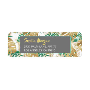 Gold & Green Tropical Leaves, Name Address WhtGrey
