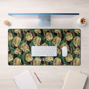 Gold & Green Tropical Leaves, Personalize Name Desk Mat