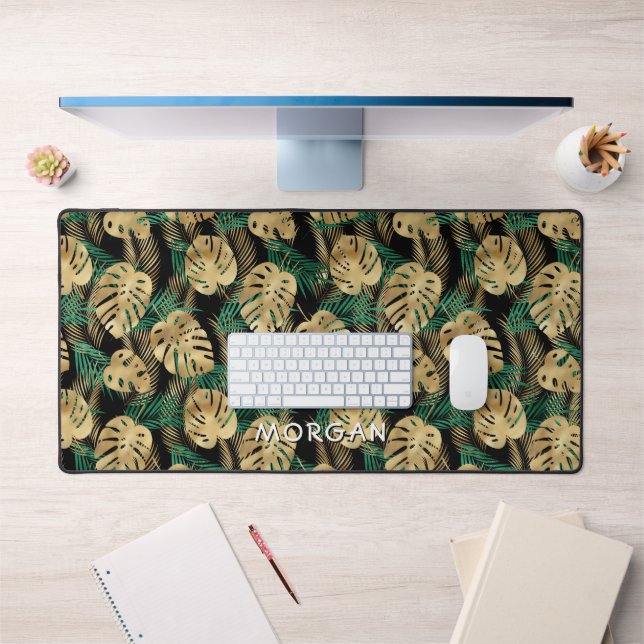 Gold & Green Tropical Leaves, Personalize Name Desk Mat (Office 1)