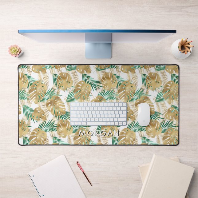 Gold/Green Tropical Leaves Personalize Name White Desk Mat (Office 1)
