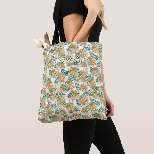 Gold/Green Tropical Leaves Personalize White Name Tote Bag (Close Up)