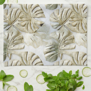 Gold Green Tropical Leaves Sage Kitchen Towel