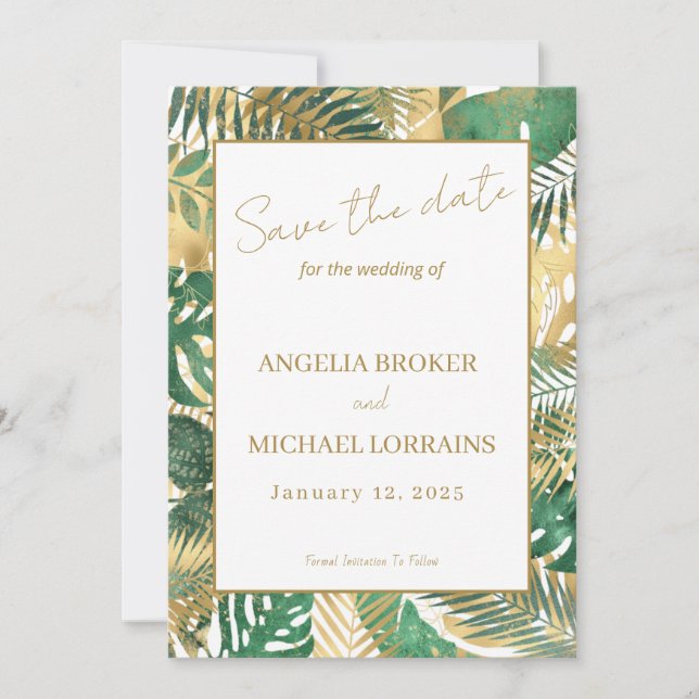 Gold Green Tropical Leaves Save the Date Invitation (Front)